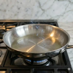 Heating the oil until it lightly smokes, a key technique in how to season a stainless steel pan properly.