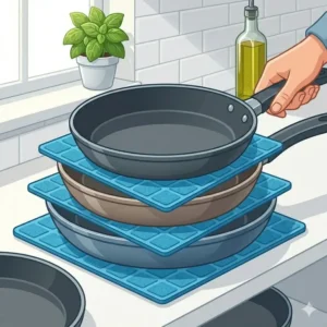Stacking pans with protective liners, illustrating how to use nonstick pan safely without damage.