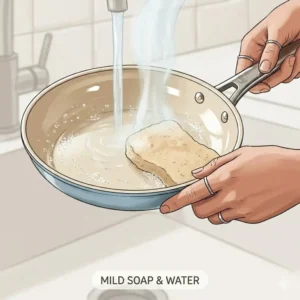 Using wooden or silicone utensils to avoid scratches when you how to use ceramic pan first time.