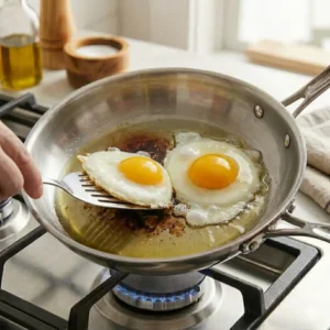 Illustration 6: Adjusting the stove burner to show how to cook eggs in stainless steel pan using proper heat management.