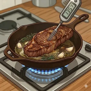 Using a meat thermometer to track how to cook steak in cast iron pan step by step for perfect doneness.