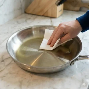 Wiping away excess oil and buffing the surface to finish how to season a stainless steel pan properly.
