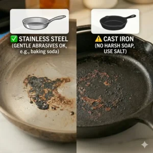 An educational guide on material-specific tips for how to clean burnt pan without ruining it for stainless steel and cast iron.