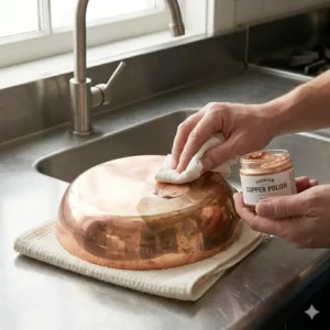 Applying specialized cream to the metal exterior, a key step in how to cook with copper pan properly for long-lasting shine.