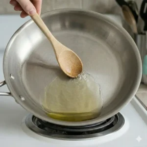 Using a wooden tool to check heat levels while mastering how to preheat pan correctly for cooking.