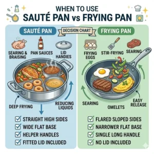 A final decision chart summarizing how to use saute pan vs frying pan based on specific recipes and kitchen tasks.