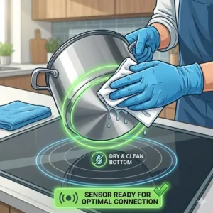 Wiping the base of the pot dry to ensure you know how to use induction cookware correctly and maintain the stove.