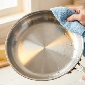 A perfectly restored and shiny pan surface demonstrating the final result of how to clean burnt pan without ruining it properly.