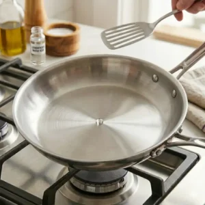 Illustration 7: A sparkling clean pan after use, proving the success of how to cook eggs in stainless steel pan techniques.
