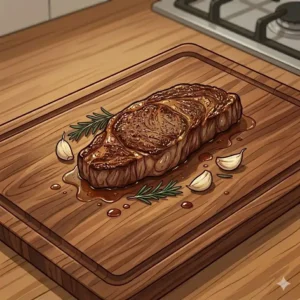 Letting the meat rest on a board, the final part of how to cook steak in cast iron pan step by step.