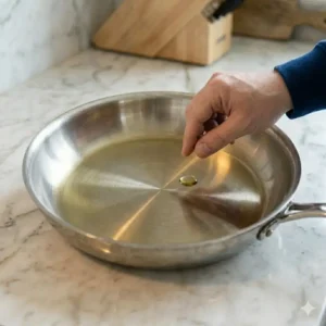 The final non-stick surface of the cookware after completing the guide on how to season a stainless steel pan properly.