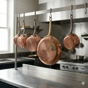 Copper cookware hanging on a professional wall rack, showing how to cook with copper pan properly through safe storage