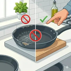 Comparing a damaged surface to a new one to teach how to use nonstick pan safely without damage.