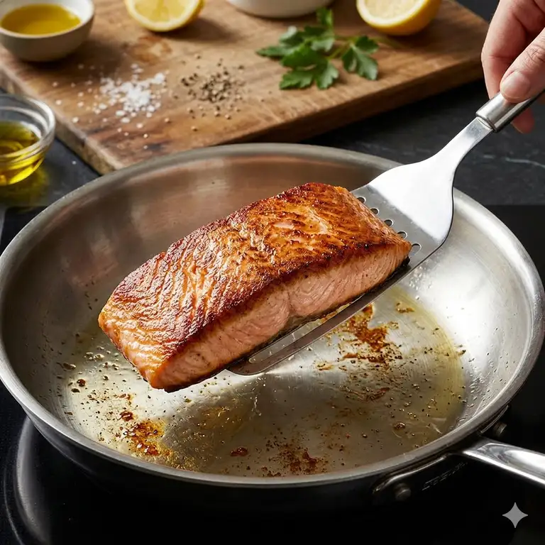 A perfectly seared salmon fillet with a crispy golden crust being lifted effortlessly from a hot stainless steel skillet using a metal fish spatula, demonstrating how to cook fish without sticking to pan.