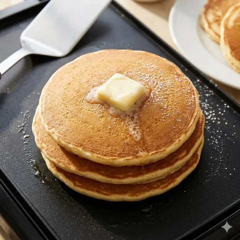 A beautiful stack of golden brown pancakes showing how to cook pancakes on griddle evenly.