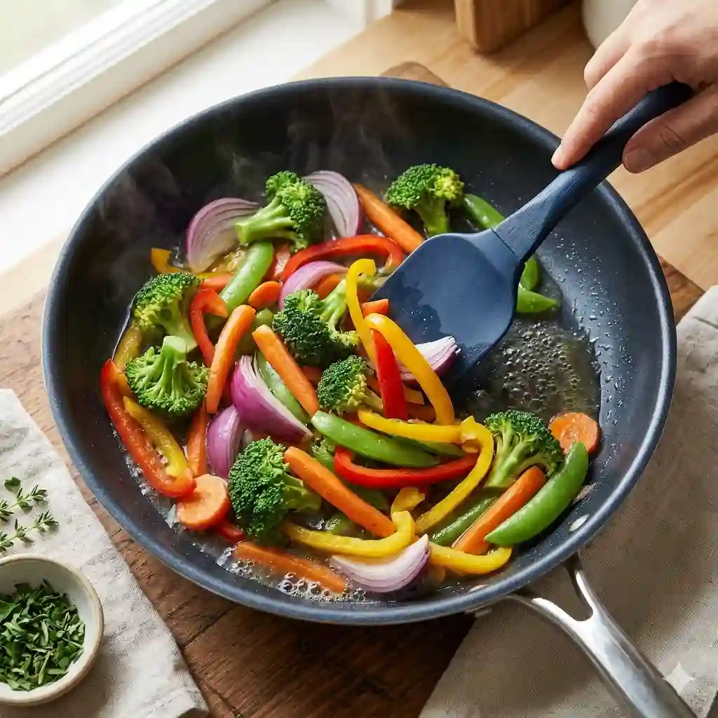 A colorful stir-fry displaying exactly how to cook vegetables in pan without oil using a splash of water.