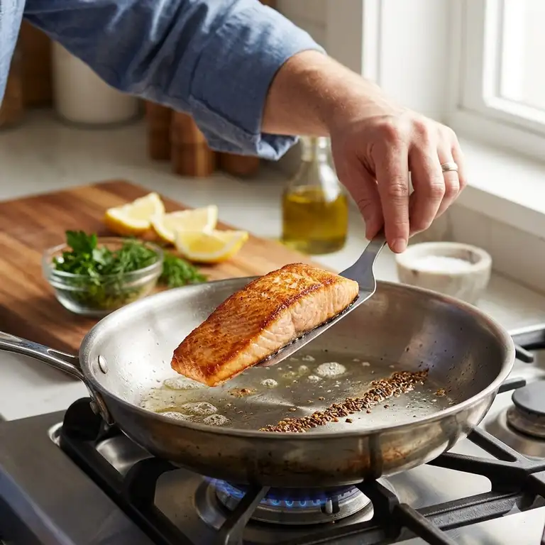 A professional chef searing a salmon fillet in a stainless steel skillet to demonstrate how to prevent food sticking to the pan using the right temperature.