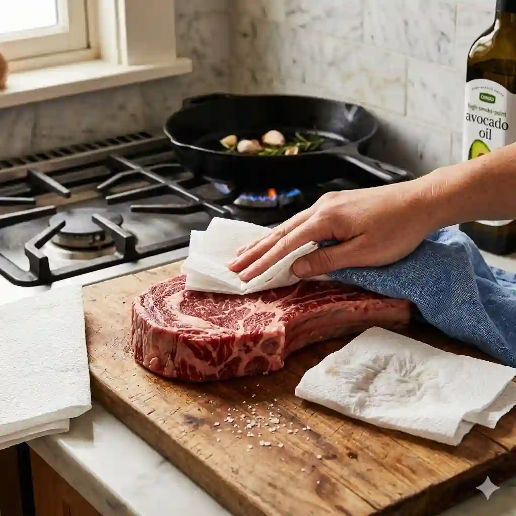A professional chef teaching how to sear meat perfectly in pan for a delicious golden crust.