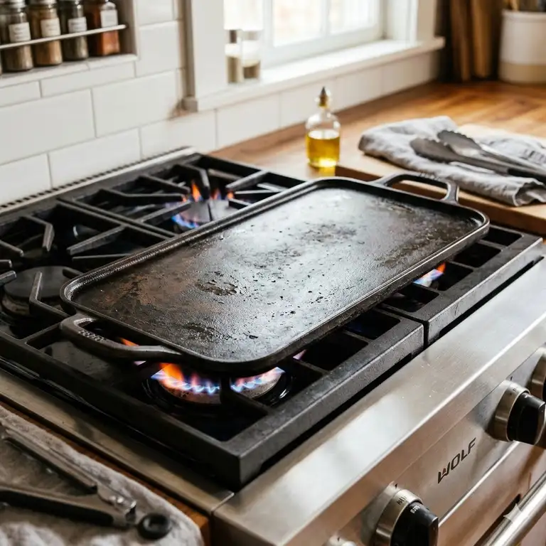 A professional guide showing how to use griddle pan on stove with a cast iron pan placed over dual burners.