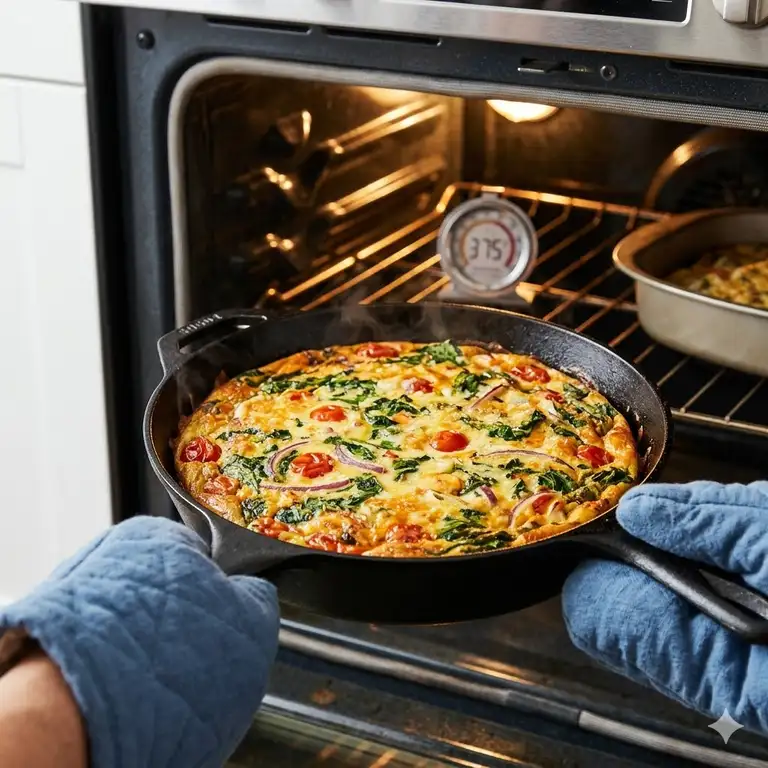 A close-up square image showing hands in oven mitts safely pulling a searing frittata out of a hot oven, demonstrating how to use oven safe pan correctly.