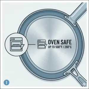 A detailed graphic pointing to the manufacturer stamp on the cookware bottom to show how to use oven safe pan correctly.