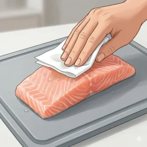 Hands using a white paper towel to pat excess moisture off a raw white fish fillet on a cutting board, an essential step in how to cook fish without sticking to pan.