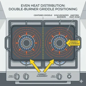 Diagram illustrating how to use griddle pan on stove by aligning the pan perfectly over two heat sources for even cooking.