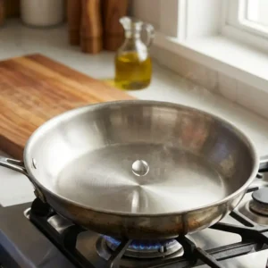 A water droplet dancing on a hot skillet surface, illustrating the Leidenfrost effect as a way to prevent food sticking to the pan.