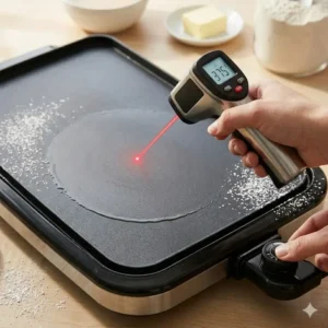 Using a digital thermometer to check surface heat when learning how to cook pancakes on griddle evenly.