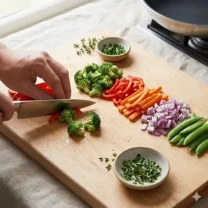 Chopping fresh broccoli, carrots, and onions on a wooden cutting board to prepare for how to cook vegetables in pan without oil.