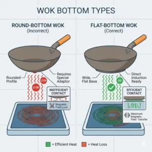 Comparison of flat and round bottoms showing how to use wok on induction cooktop effectively.