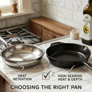 Selecting the correct skillet is vital for how to sear meat perfectly in pan effectively.