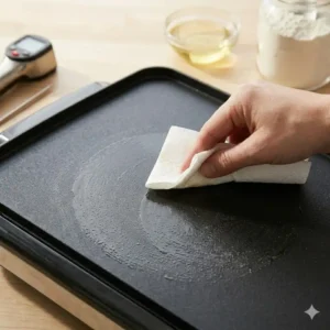 A paper towel lightly oiling the surface, a key step in how to cook pancakes on griddle evenly.