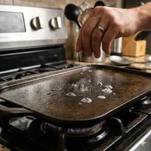 Showing how to use griddle pan on stove by performing a water drop test to check the surface temperature.