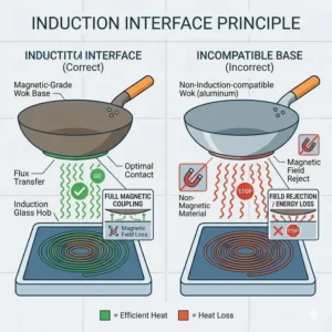 Close-up diagram of magnetic connection explaining how to use wok on induction cooktop surfaces.