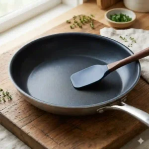 A clean, empty ceramic nonstick skillet ready on the stove, showing the first step of how to cook vegetables in pan without oil.