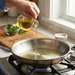 Close-up of oil shimmering in a preheated pan, an essential step in learning how to prevent food sticking to the pan.