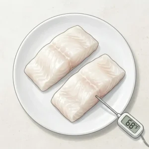 Raw cod fillets resting on a clean plate on the kitchen counter to reach room temperature, a crucial preparation stage for how to cook fish without sticking to pan.