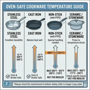 A clear comparison chart displaying material temperature limits for those learning how to use oven safe pan correctly.