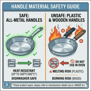 An educational illustration contrasting safe metal handles and unsafe plastic components, showing how to use oven safe pan correctly.