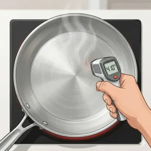 An empty stainless steel frying pan heating up on a gas stove flame, showing the proper preheating technique for how to cook fish without sticking to pan.