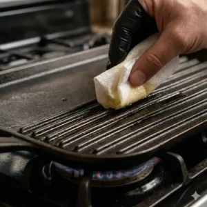 Steps on how to use griddle pan on stove including the process of lightly oiling the ridges to create a non-stick surface.