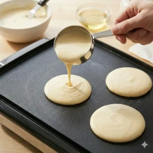 Pouring consistent batter portions to ensure how to cook pancakes on griddle evenly for every batch.