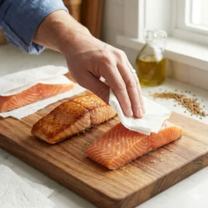 Using a paper towel to remove excess moisture from a steak to ensure it doesn't stick to the cooking surface.
