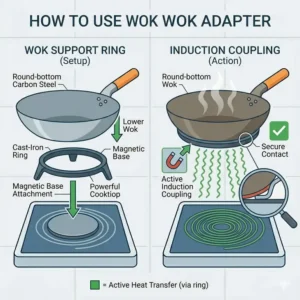 Setting up a specialized adapter ring to learn how to use wok on induction cooktop with round bases.
