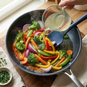 Pouring a small amount of vegetable broth into the skillet, demonstrating a liquid technique for how to cook vegetables in pan without oil.
