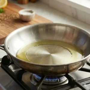 Pouring olive oil into a heated stainless steel pan to create a natural non-stick barrier.