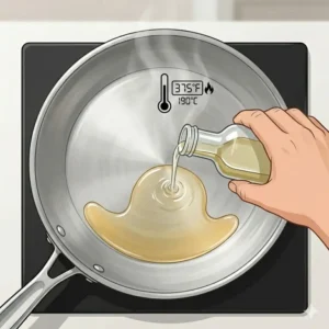 Shimmering cooking oil being poured into a hot skillet to coat the bottom evenly, creating a non-stick barrier as part of how to cook fish without sticking to pan.