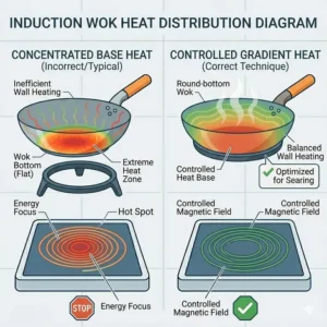 Thermal map visualization illustrating how to use wok on induction cooktop for even heat distribution.