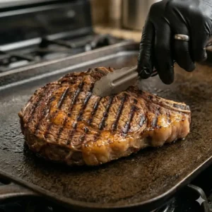 Demonstrating how to use griddle pan on stove to achieve perfect, professional-looking sear marks on a steak.